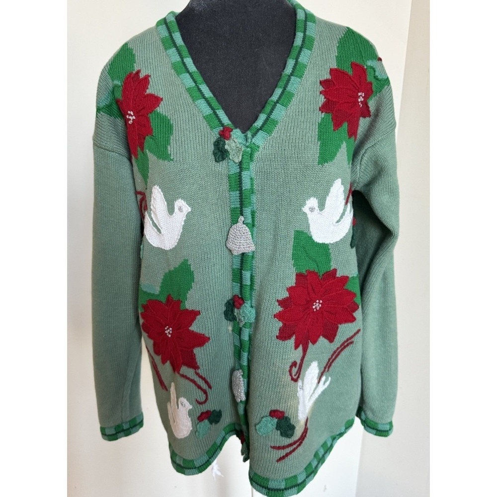 Storybook Knits Christmas Cardigan Poinsettia Dove Green Sweater 1X READ